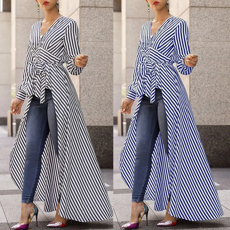 Women Striped Long Sleeve Shirt  Tunic Slim Casual Shirt