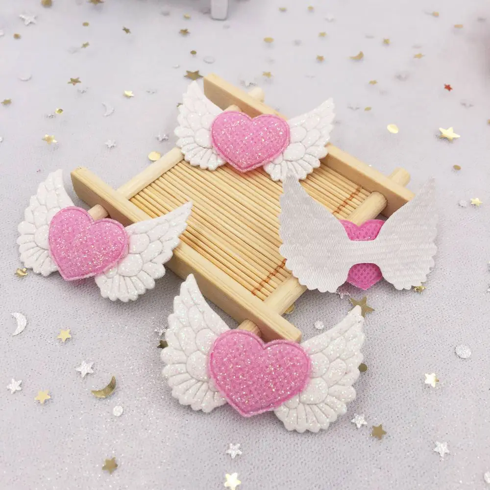 16pcs 32mm*49mm Glitter Angel Wing Heart Appliques Single Sided Glitter Fabric Patches DIY A101