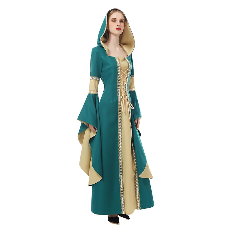 

Women Renaissance Medieval Cosplay Robe Dress Princess Queen Costume Velvet Court Maid Halloween Vintage Hooded Gown