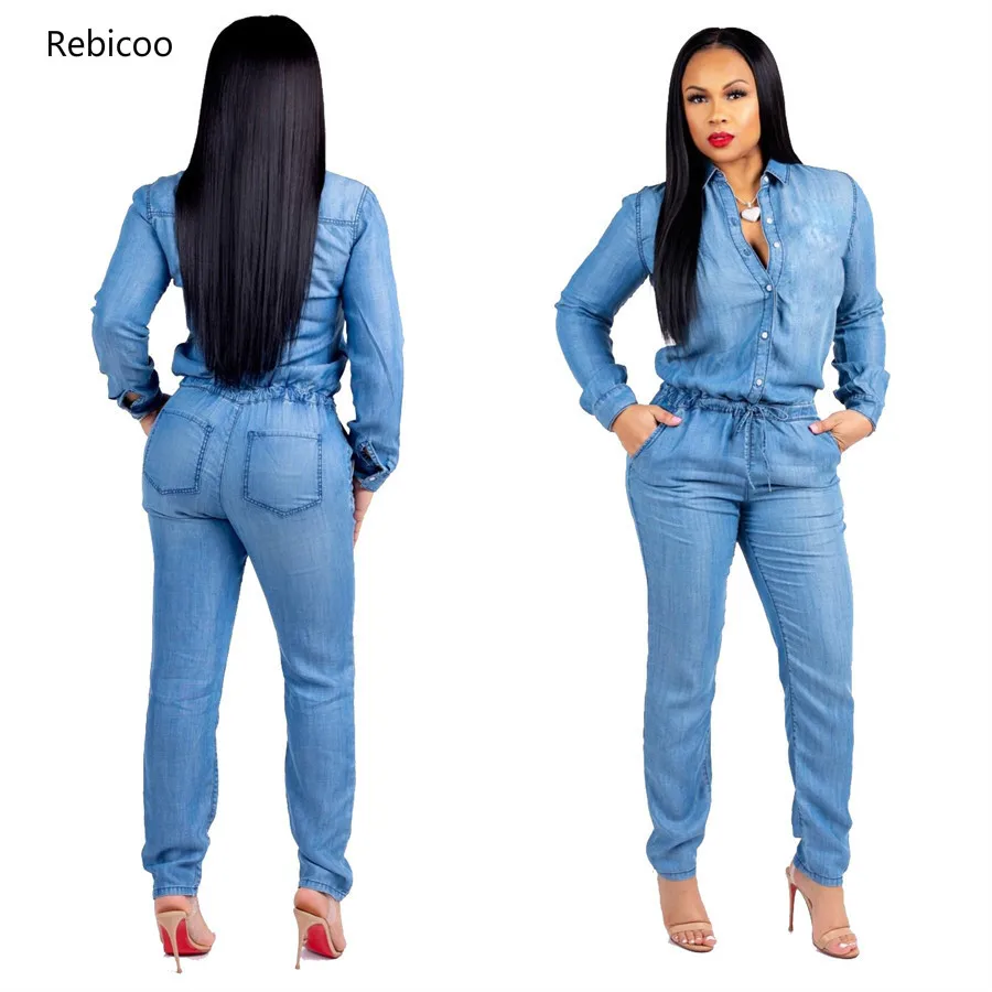 Womens Fashion Long Jeans Jumpsuits Overalls For Woman Autumn Bandage Slim Denim One Piece Pants  Drop Shipping