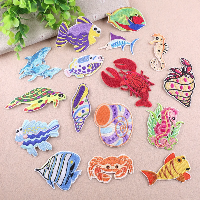 PGY Cartoon Ocean Animal Whale Shark Marine Organism Turtle Iron On Embroidered Clothes Patches For Clothing Wholesale Badges