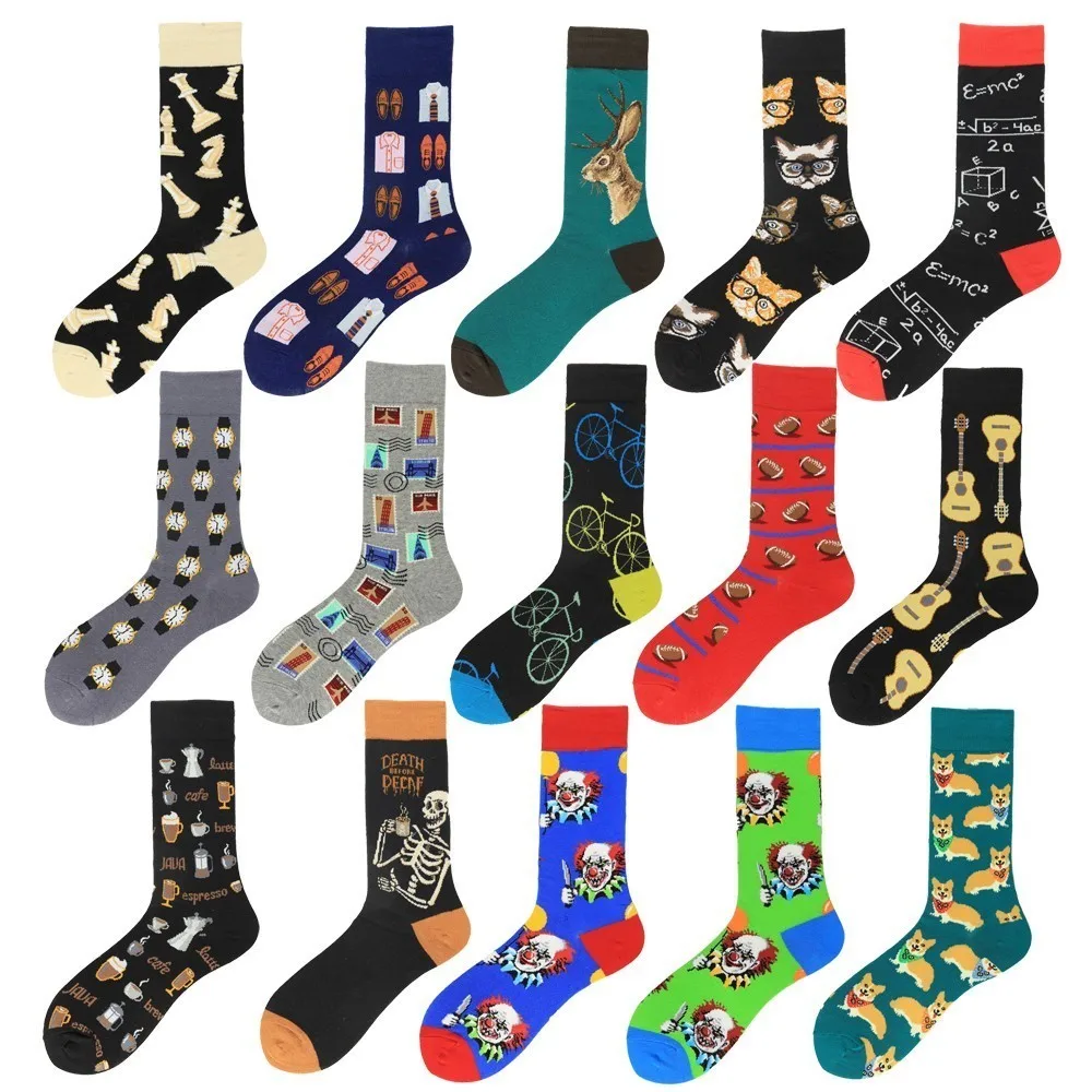 Trend Harajuku Street Men Combed Cotton Socks Colorful Clown Guitar Creative Novelty Pattern Happy Casual Skate Motion Sokken