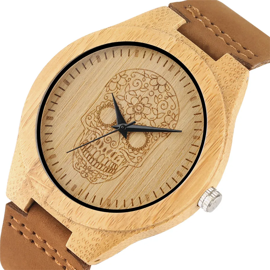 Nature Bamboo Wooden Watches Men Skull Dial Casual Genuine Leather Strap Wrist Watch Men Wood Clock With Box Best Gifts for Male