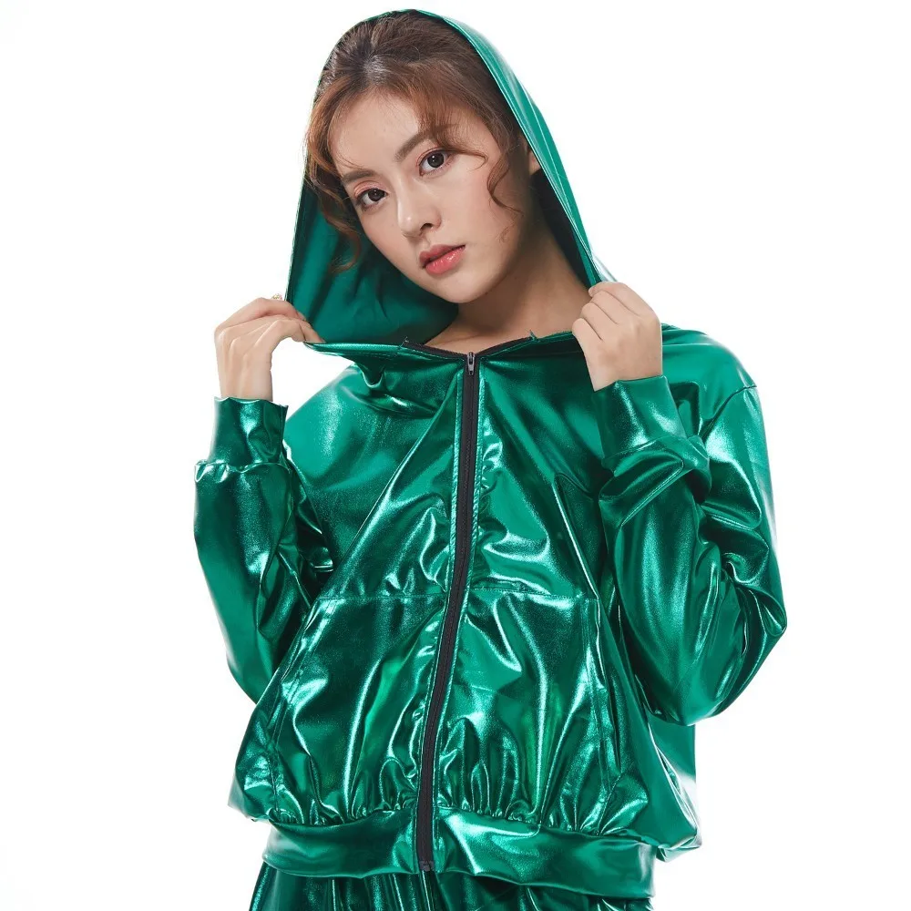 2021 Spring Autumn Kid Audlt Bomber With Pockets Jacket Green Stage Performance Paillette Feminina Casaco Hip Hop Dance Coat