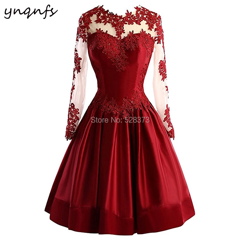 

YNQNFS C4 Lace Long Sleeves Burgundy Mother of the Bride Dresses robe de cocktail courte Wedding Party Guest Dress 2019