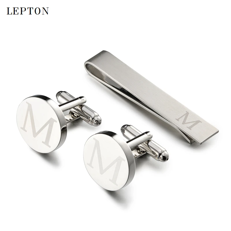 

Hot Sale Round Letters M Cufflinks for Mens Silver Color Letters M of alphabet Cuff links & Tie Clip Set Men Shirt Cuffs Button