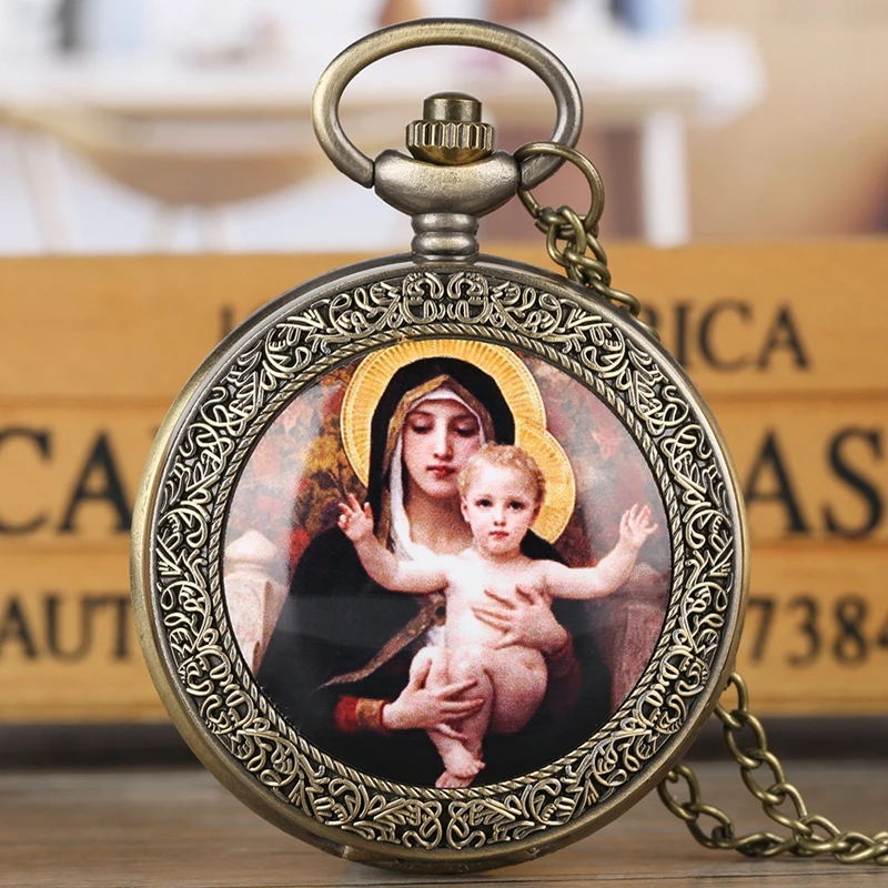 Religious Style Virgin Mary and Jesus Quartz Pocket Watch Pendant for Women Girls Lady Jewelry Necklace Chain Watch Luxury reloj