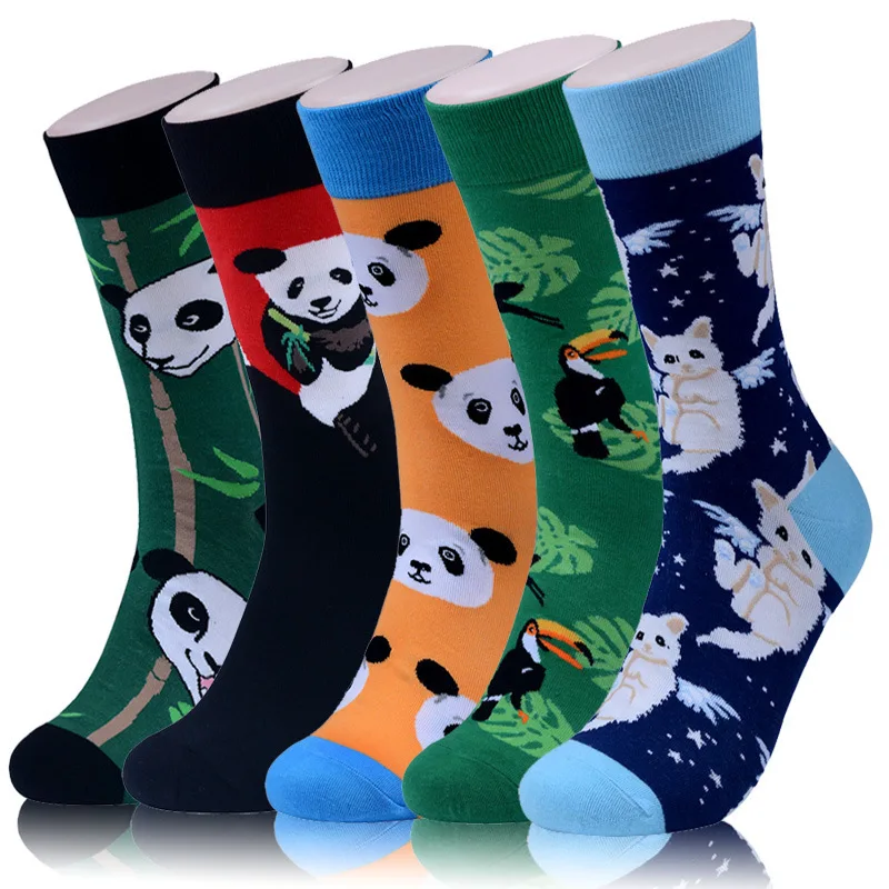 Men Socks Cartoon Kitty Bird Chinese Panda Cute Funny Street Style Colorful Happy Skate Harajuku Hip Hop Male Casual Cotton Sock