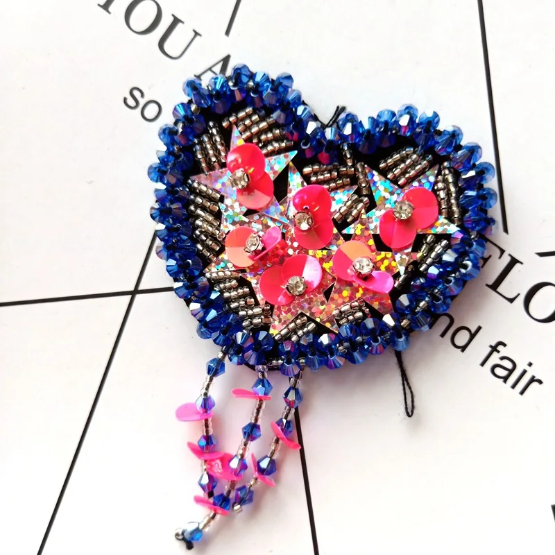 Shiny Heart Tassel Beaded Rhinestone Patches for Clothing Bags Hats DIY Parches Sewing on Beading Sequins Applique Brooch Patch