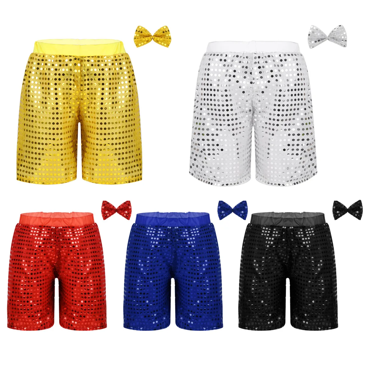 IIXPIN Jazz hiphop costume Kid Boys Girls dance costume Glittery Sequined Shorts with Bow Set for Choir Jazz Dance Stage costume