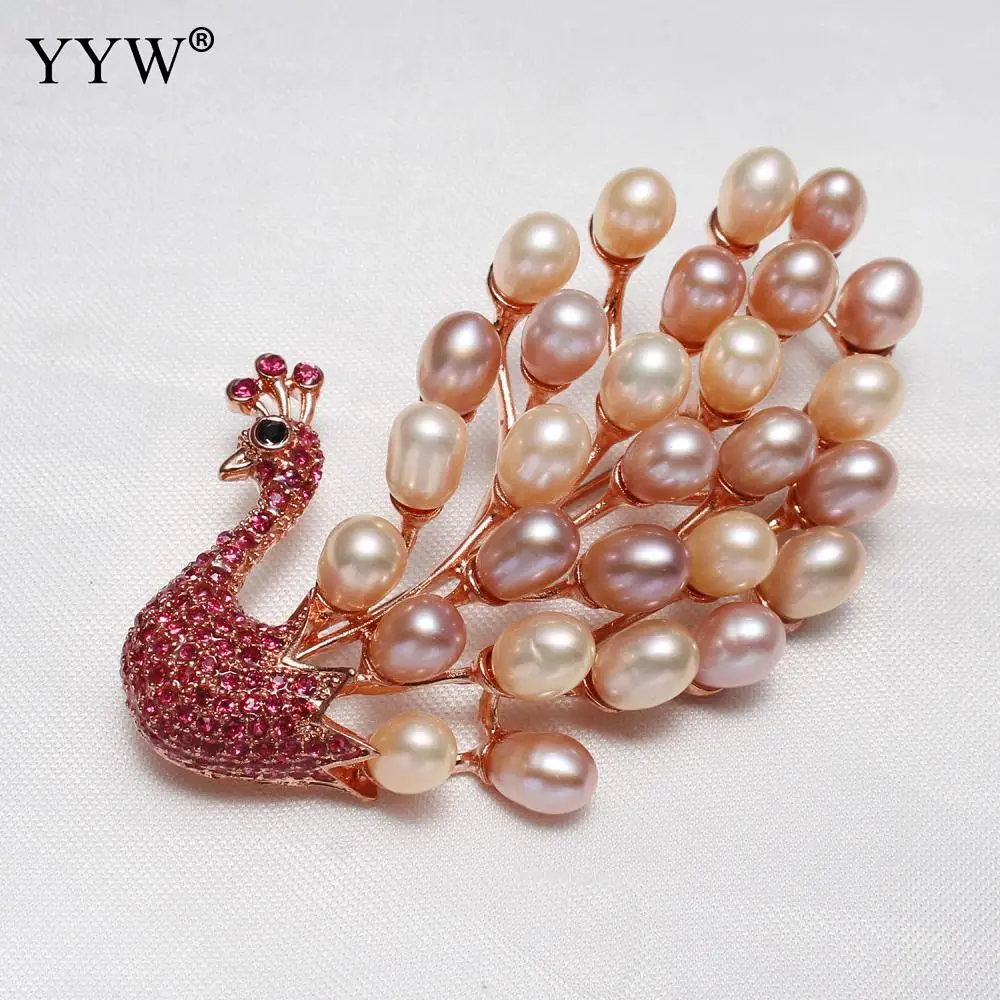 

Fashion Freshwater Pearl Brooch For Women Peacock Rose Gold C Crystal Jewelry Rhinestone 5-6mm Pearls Jewelry Gift