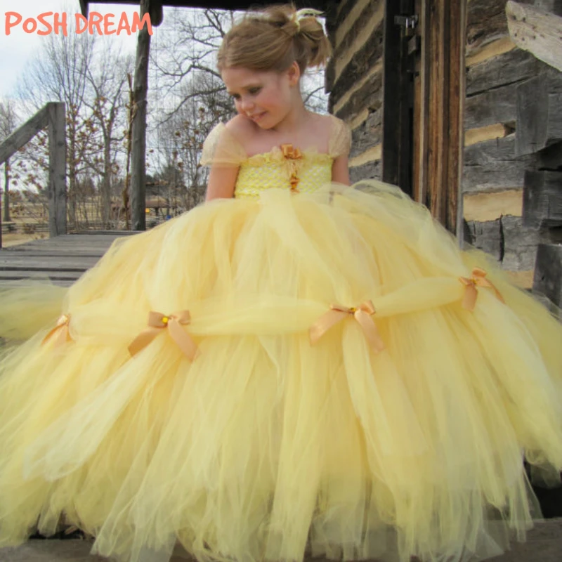 POSH DREAM Beauty and The Beast Belle Princess Girls Cosplay Costume Yellow Gold Belle Princess Children Girls Tutu Dresses