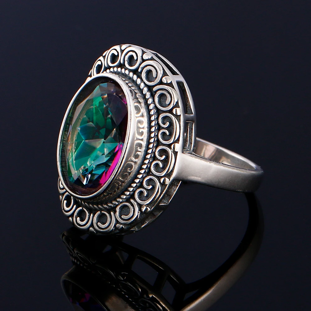 Pierścionek Glamour 10x14MM Tajemniczy Kolorowy Turmalin Damski Srebro S925 Biżuteria Pierścionek Retro Rocznica Impreza Damski — zdjęcie 6