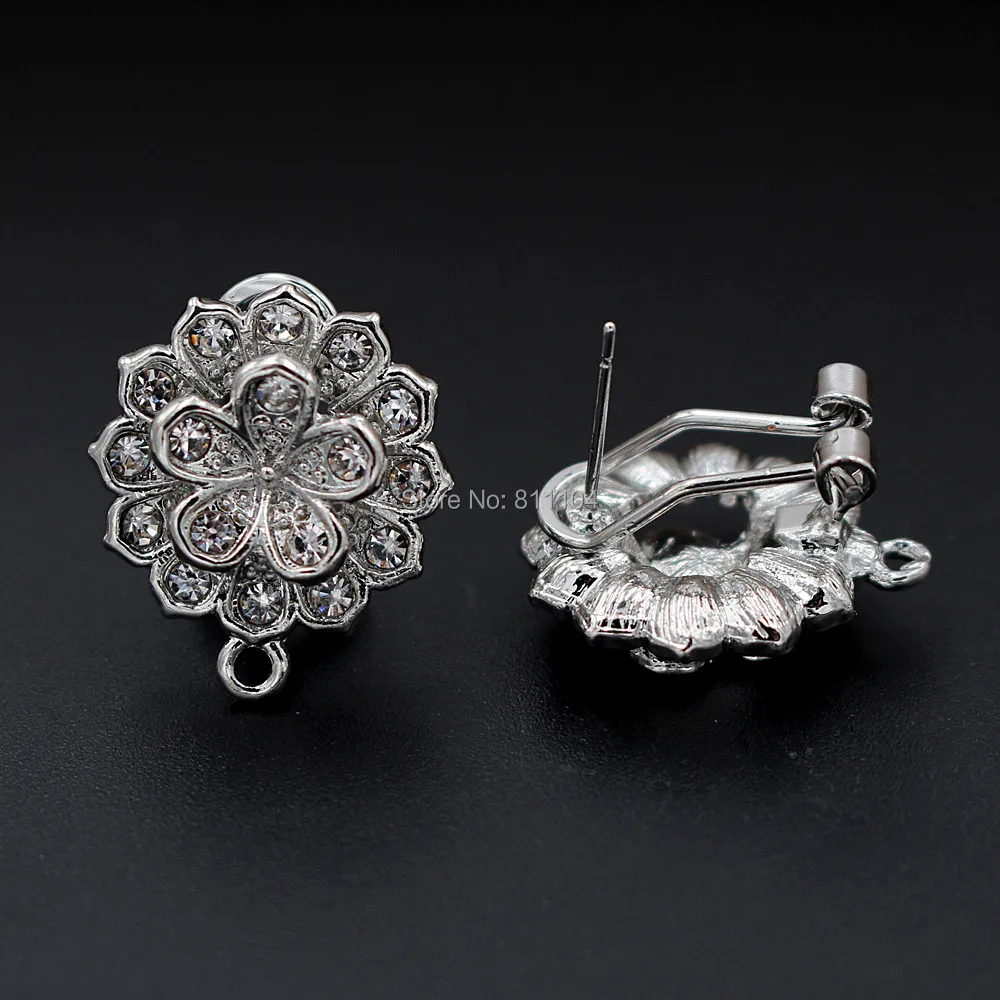 Stud Clip Earrings Post Filigree Flower with Loop Connector Paved CZ DIY Findings Accessories African Wedding Jewelry Making