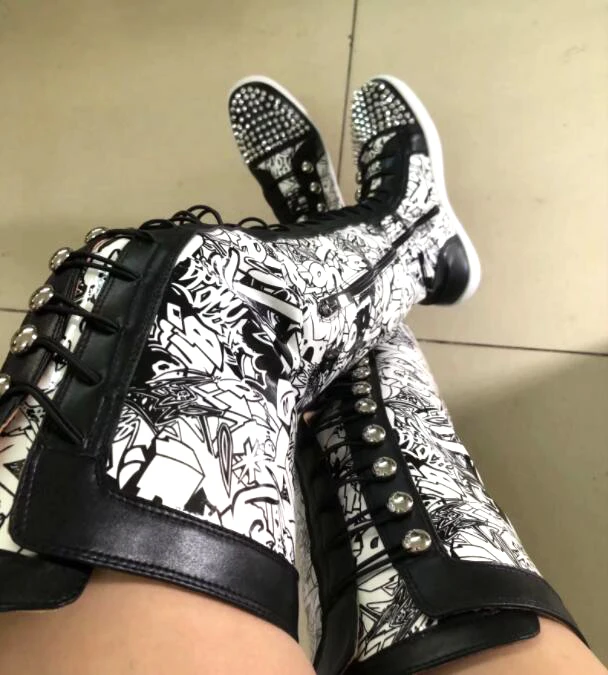 

New Ladies Metal Rivets Studs Round Toe Lace Up Thigh Boots Printed Leather Thick Rubber Sole Over The Knee Boots Male Zapatos