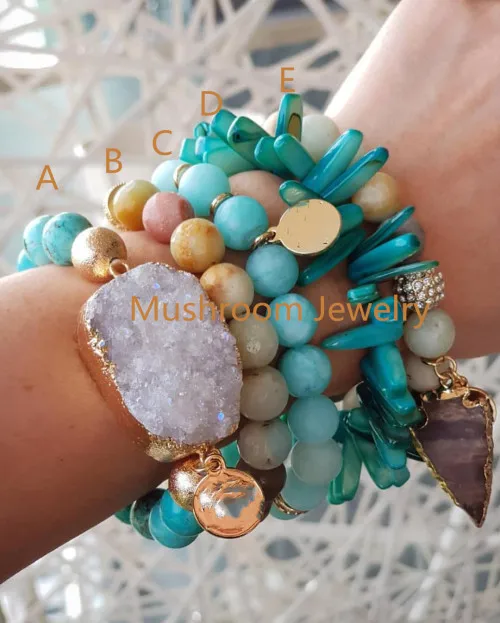 Boho Faceted Amazonite jasper Arrow Bracelets with Gold Druzy Turquoises or Blue CHip Boho Stretch Stack Bracelet