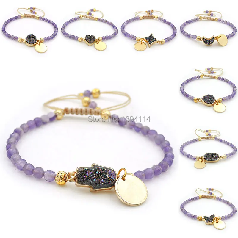 Titanium Coated Rainbow Crystal Druzy Base Connector Amethyst Faceted Beads Hand-knitted Strand Bracelet