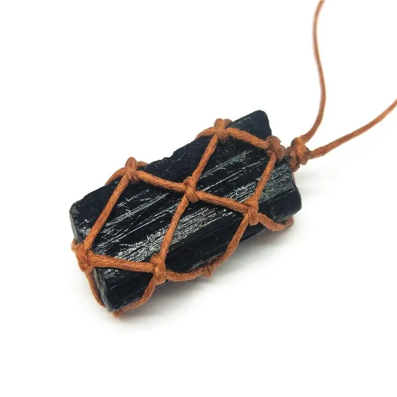 1 Pcs Natural Black Tourmaline Retro Raw Gemstone Pendant Crystal Hand-Woven Jet Stone Ore Radiation Protection Stone Craft