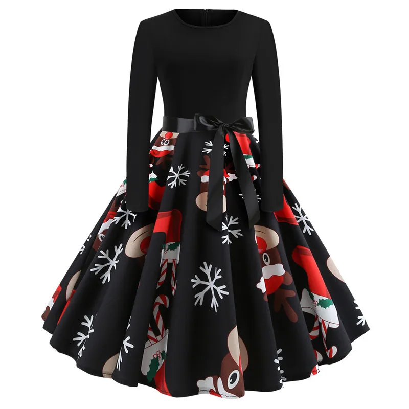 Retro Vintage Long Sleeve Winter Dress Women Floral Print Christmas Dresses Elegant Casual A-Line Robe Rockabilly Pinup Vestidos