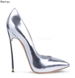 Delle donne di alta tacchi a spillo in metallo tacco sottile punta a punta pompe sexy della pelle verniciata argento vestito da partito femminile scarpe antiscivolo su singoli pattini