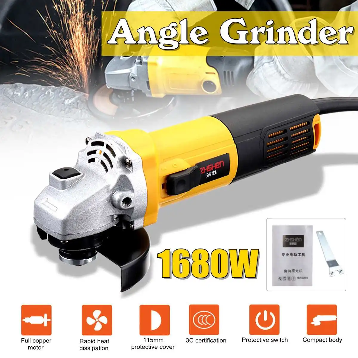 Angle Grinder 220V/50Hz 1680W 11000r/min Angle Grinder Electric Angle Grinding Cutting Power Tools 100mm Diameter