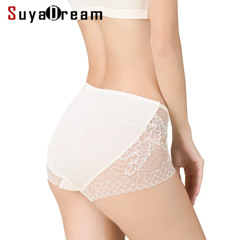 SuyaDream Women Lace Panties 100%Real Silk Comfortable Healthy Everyday wear Pink White Mid-Waist Briefs