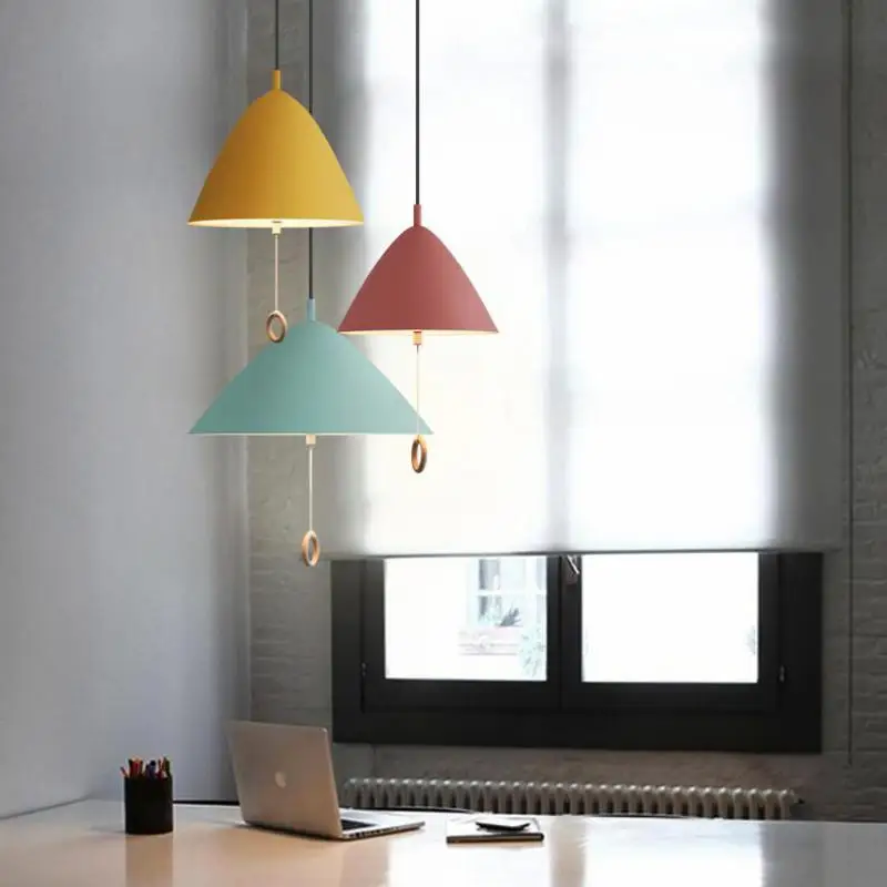 Kid's pink iron shade hanging light dining Modern Restaurant bar Lamps Bedroom Children's Room Pull switch LED pendant light E27