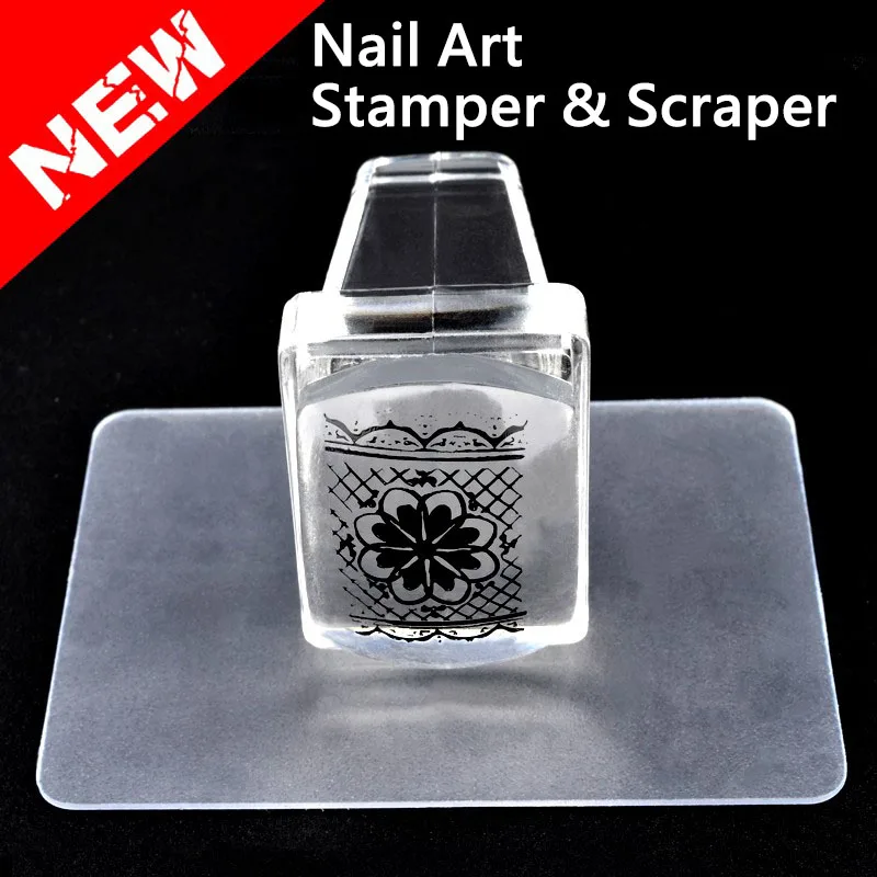 Kimcci Pure Clear Jelly Silicone Nail Art Stamper+Plastic Scraper with Cap Transparent Rectangle Stamping Manicure DIY Tools