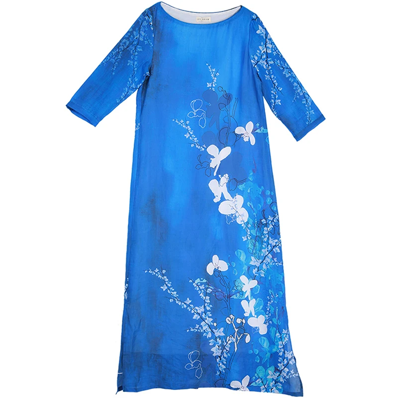 LZJN-Women's Linen Floral Dress, 3/4 Length Sleeve, O-Neck Dresses, Positioning Printing, Spring, Autumn