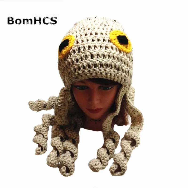 BomHCS Funny Octopus Earmuff Beanie Halloween Party Gift Pirate Hat 100% Handmade Knitted Winter Thick Cap