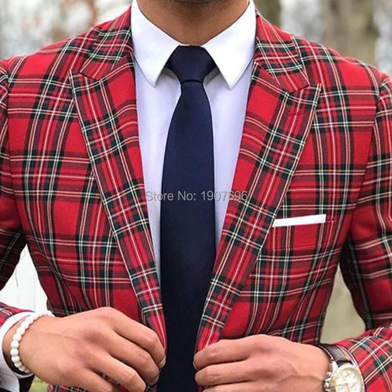 Scottish Plaid Men Suits for Wedding Groom Tuxedos Slim Fit Male Fashion Set Peaked Lapel 2 Piece Blazer with Pants