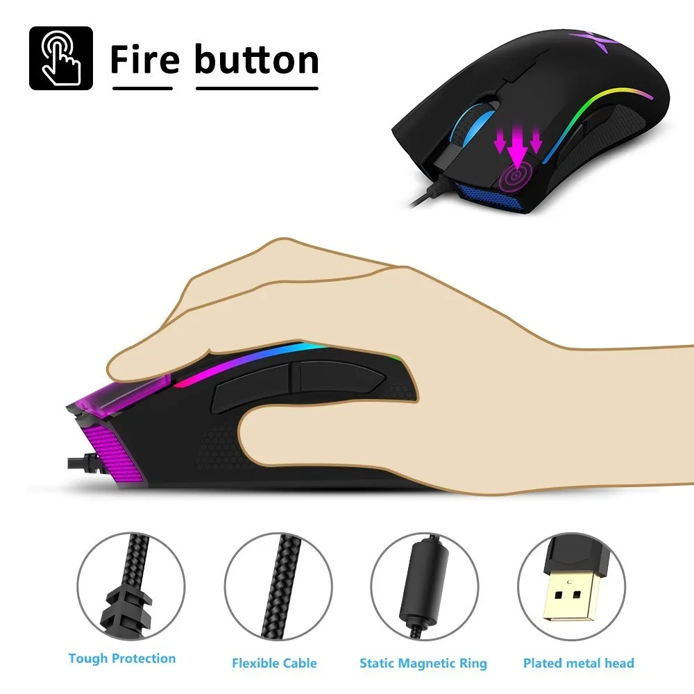 Delux M625 PMW3360 Sensor Gaming Mouse 12000DPI 7 Programmable Buttons RGB Backlight Wired Mice with Fire Key For FPS Gamer