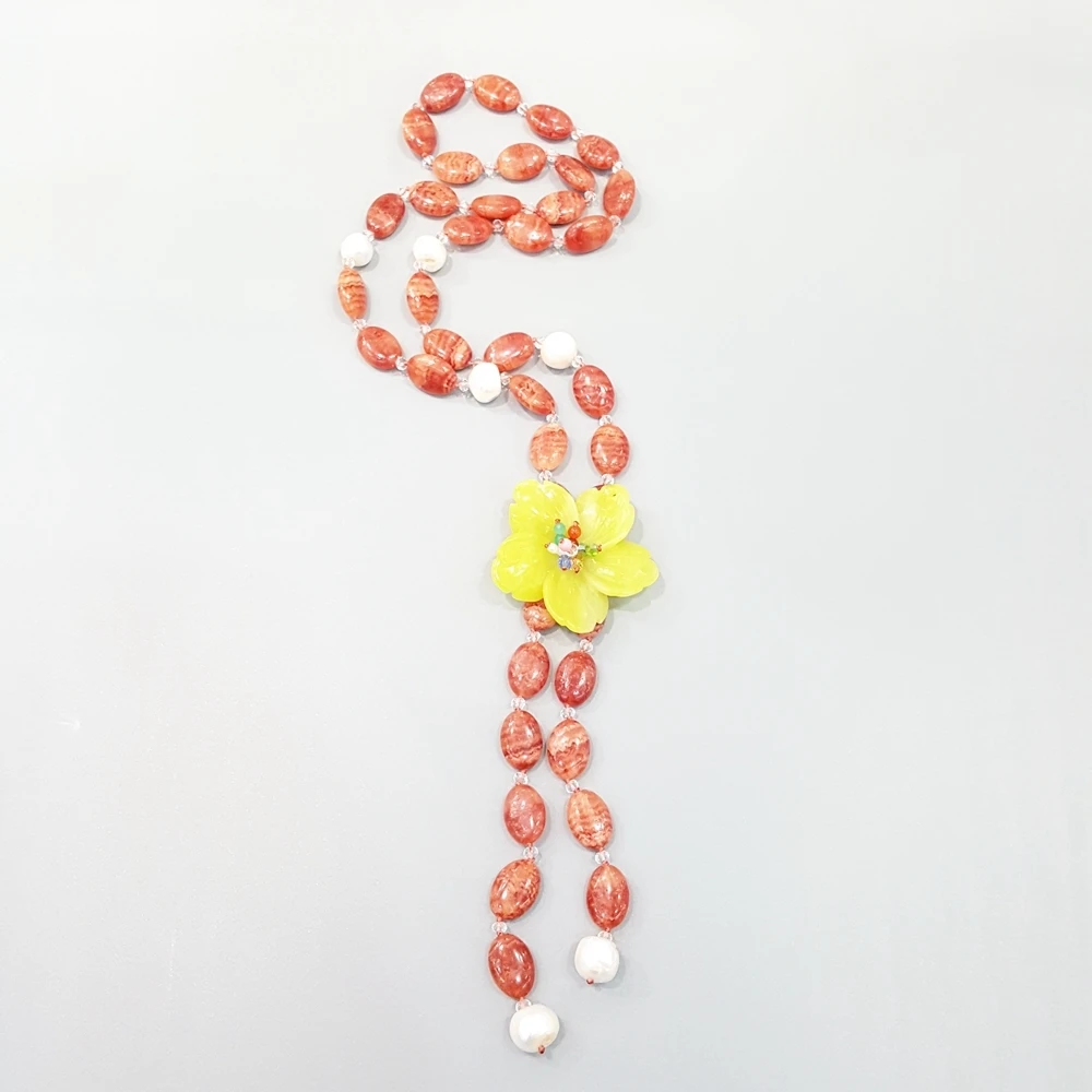 LiiJi Long Necklace Pink Rhodochrosite Jade Pearl JadeFlowers Bohemia 26inch Handmade Women Jewelry Drop Shipping