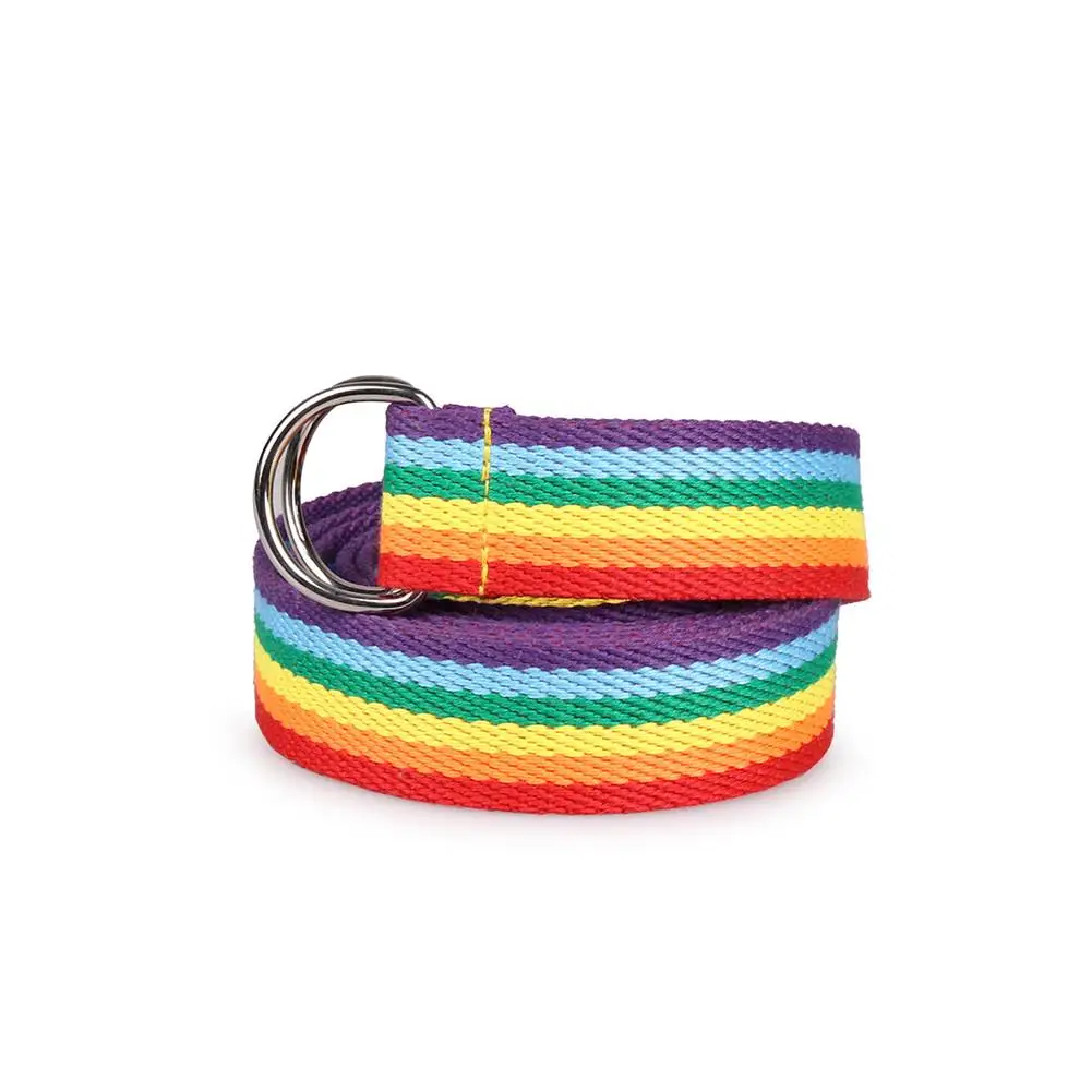 Women's Double Ring D-Type Buckle Rainbow Strip Webbing Casual Long Decorative Waist Belt Waistband Canvas Belt