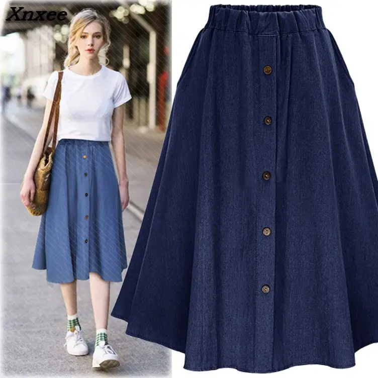 

Women denim long skirt European Korean style a-line female big hem casual button loose jeans skirt elastic waist skirt