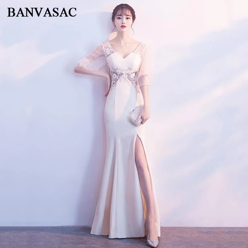 

BANVASAC 2018 V Neck Flowers Split Mermaid Long Evening Dresses Party Lace Appliques Illusion Backless Prom Gowns