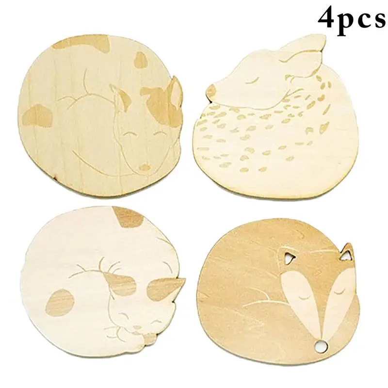 4PCS Animal Cat Fox Dog Deer Wooden Cup Coaster Heat Insulated Pad Placemat Tablemat Table Mat Home Decor