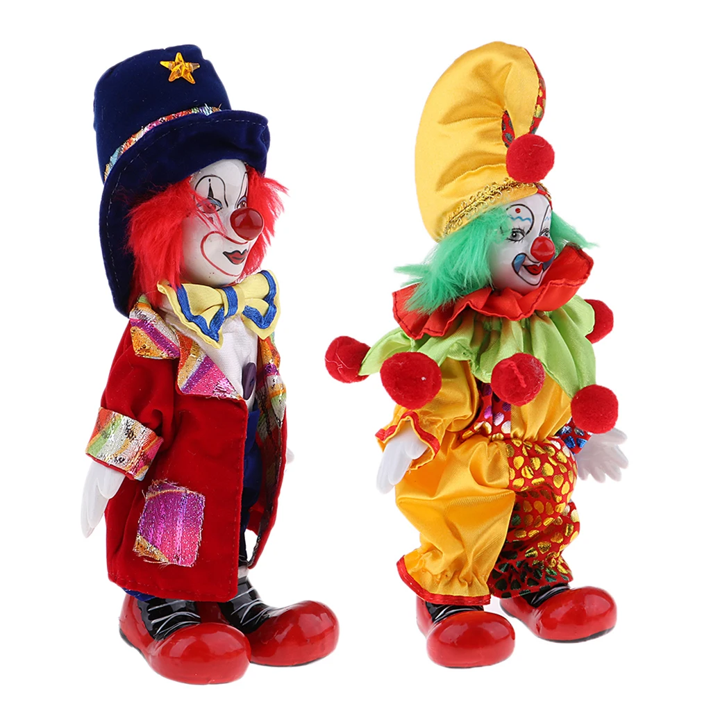 2 Pcs/Set 7inch Funny Ceramic Make Up Clown Jester Doll in Colorful Costume Kids Birthday Gift