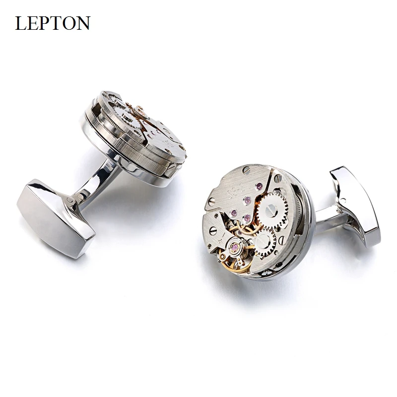 Lepton Watch Movement Cufflinks For Mens Immovable Steampunk Gear Watch Mechanism Cuff Links Men Business Shirt Cuffs Cufflink