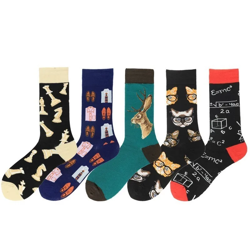 5pairs/lot New 2020 Spring Men's Casual Novelty Colorful Socks Stamp Watch Print Combed Cotton Sokken Harajuku Dress Happy Socks