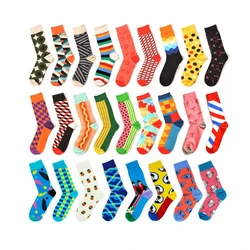 New Casual Combed Cotton Men's Socks Tend Harajuku Street Hip Hop Funny Happy Socks Colorful Plaid Pattern Socks For Men