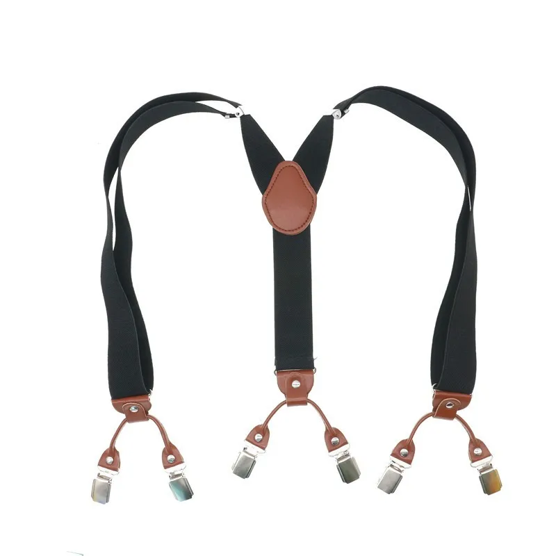 Male Shirt Suspenders Brown PU Leather Solid 6 Clips Suspenders Western-style Trousers Man Braces Adjustable Suspender