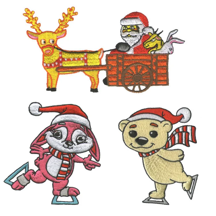 PGY Christmas Series Embroidered Skating rabbit Patches for clothing Santa Claus Ice skating bear Patch Stickers Free Delivery