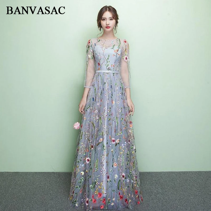 BANVASAC O Neck Floral Print Lace Appliques Long Evening Dresses Party A Line Sash Prom Gowns