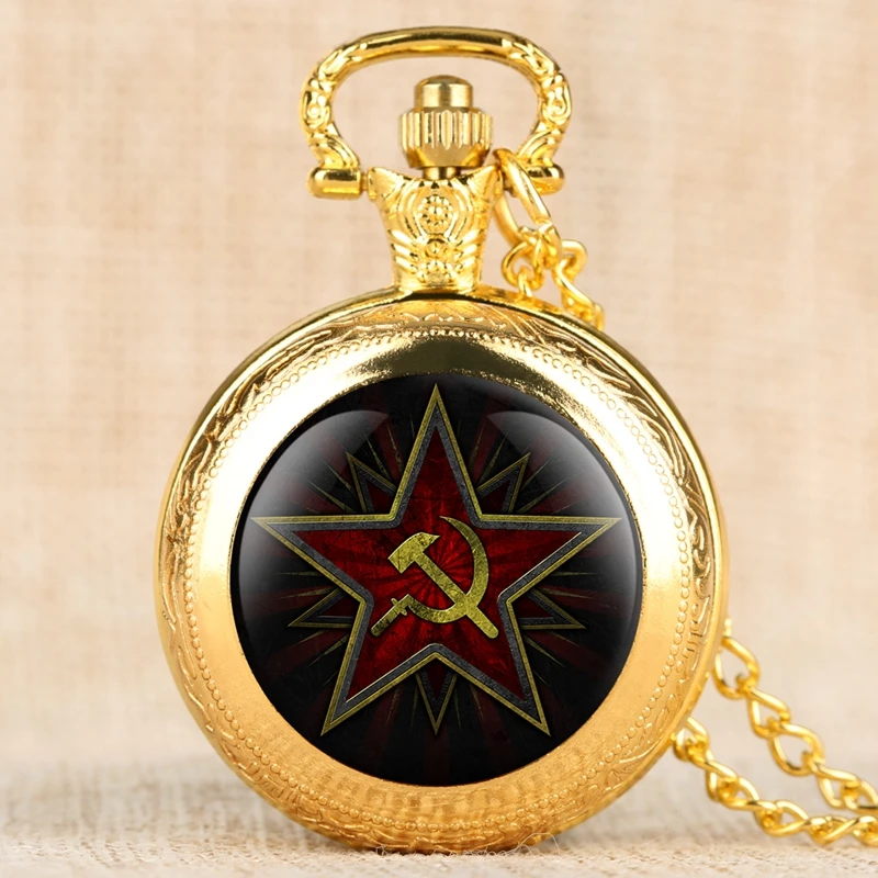 Pentagram Party Emblem USSR Soviet Badges Hammer Sickle Black Quartz Pocket Watch Russian Army CCCP Communism Clock Watch Unisex