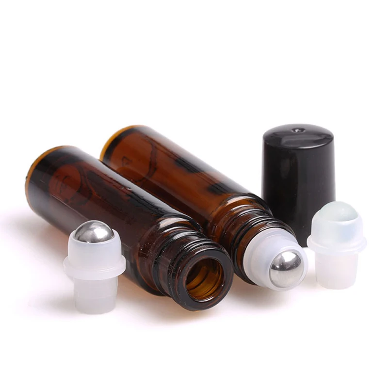 600pcs/lot 10ml Empty Amber Glass Essential oil Roll On Bottle Vials With Black Gold Cap For perfume aromatherapy