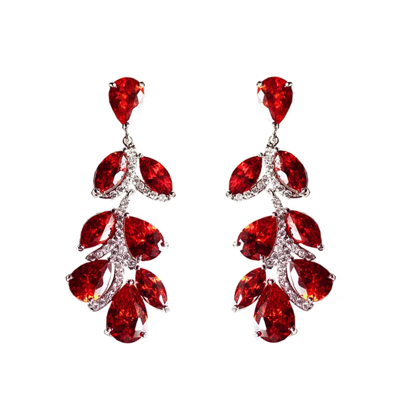 Luxury claret wine Red stone Long Drop Earrings Geometric Shape Big Square Cubic Zirconia women Party Wedding Jewelry Gift