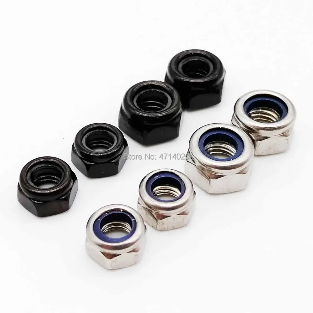 50pcs M2 M2.5 M3 M3.5 M4 M5 M6 304 Stainless Steel Black Steel Zinc-plated Hex Nylon Insert Lock Nut Self-locking Nylock Locknut