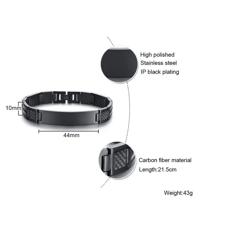 Vnox Stylish Carbon Fiber Mens Bracelets Free Engraving ID Tag Link Chain pulseira masculina 8.46\