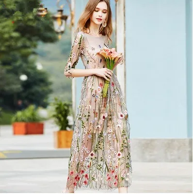 Embroidery Party Dresses Runway Floral Bohemian Flower Embroidered 2 Pieces Vintage Boho Mesh  Dresses For Women Vestido